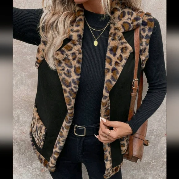 Women's Sleeveless Jacket With Fluffy Leopard Print Collar, Warm For Autumn/Wint - Picture 4 of 4